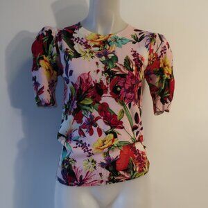 Aqua x Mary Katrantzou Floral Puff Shoulder Short Sleeve Sweater